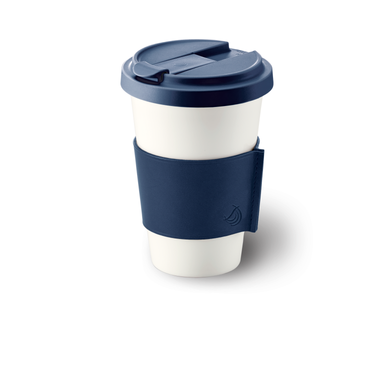 Fine Bone China Coffee-To-Go Cup with leather sleeve in Navy (0,35l) 