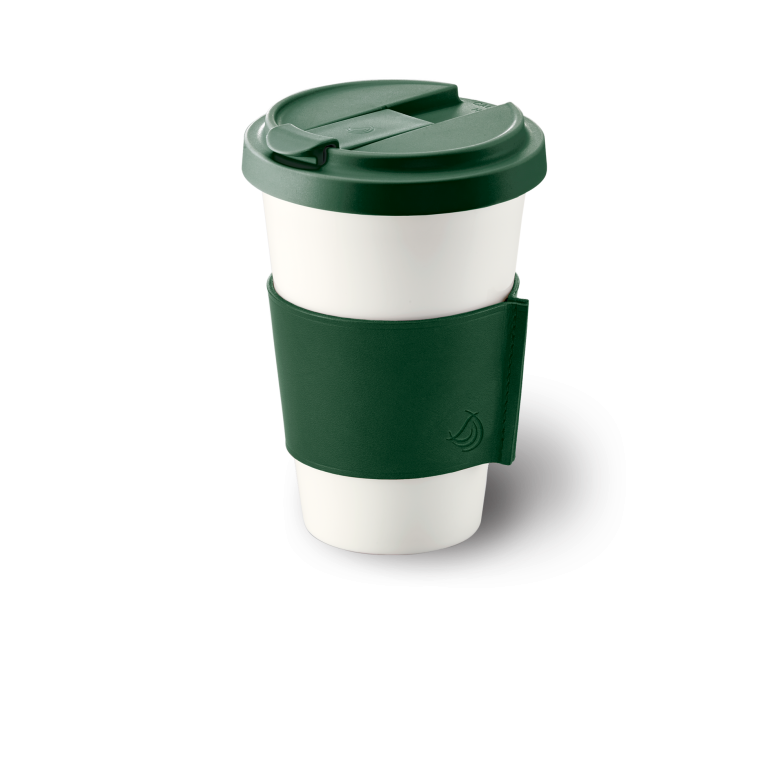 Fine Bone China Coffee-To-Go Cup with leather sleeve in Dark Green (0,35l) 