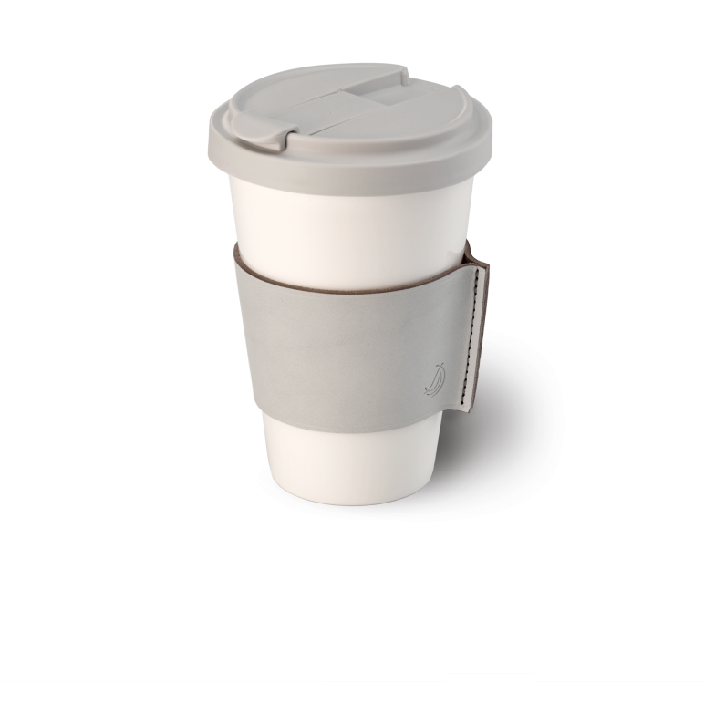 Fine Bone China Coffee-To-Go Cup with leather sleeve in Light Grey (0,35l) 